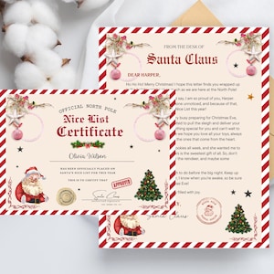 May include: A Christmas-themed set featuring a Nice List Certificate and a letter from Santa Claus. The certificate is personalized with a name and includes a Santa Claus illustration, a Christmas tree, and decorative borders. The letter is addressed to Harper.