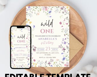 Wildflower 1st Birthday Invitation Template, Editable Wild One Birthday Girl Digital Invitation, Floral First Birthday Party, Canva