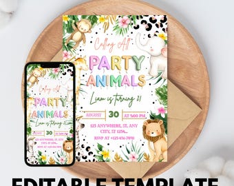 Party Animals Birthday Invitation, Calling All Party Animals, Fun Animals Themed Party, Neon Birthday Party Invite, Editable Canva Template