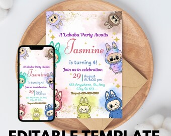 Labubu Geburtstagseinladung Vorlage | Bearbeitbar Canva Invite | Süße druckbare Party Karte | Sofortdownload | Digitale Einladung für Kinder