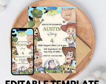 Bewerkbare sjabloon verjaardagsuitnodiging Toy Story, uitnodiging verjaardagsfeestje, verjaardag bewerkbaar canvas, digitale verjaardagsuitnodiging Toy Story