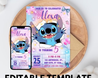 Editable Stitch Birthday Invitation Template Editable Stitch Invite Canva, Printable Invite Instant Download Invitation Lilo and Stitch