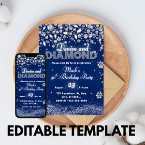 Denim and Diamonds Birthday invitation, Editable Denim Birthday Dinner Invites, denim and diamonds Party Invite, Canva Template