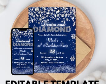 Denim and Diamonds Birthday invitation, Editable Denim Birthday Dinner Invites, denim and diamonds Party Invite, Canva Template