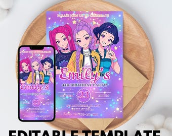 Convite de aniversário de K-pop Demon Hunter | Modelo editável do Canva | Convite de anime K-pop | Download digital | Cartão de aniversário infantil para impressão