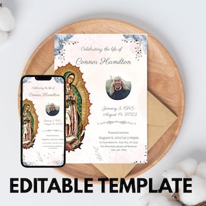 May include: A memorial card and a smartphone display a design with the text "Celebrating the life of Connor Hamilton." The design includes a portrait, floral accents, and the dates January 3, 1945 - August 14, 2023. The words "EDITABLE TEMPLATE" are at the bottom.