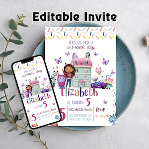 Edytowalny szablon zaproszenia urodzinowego Gabbys Dollhouse, drukowane zaproszenia na przyjęcie urodzinowe, cyfrowe zaproszenie na przyjęcie urodzinowe, zaproszenie na kartkę urodzinową