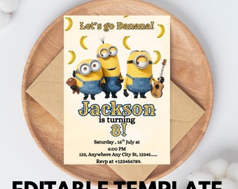 Invitación editable de cumpleaños infantil de Minions, invitación de cumpleaños infantil, invitación de cumpleaños editable con temática de Minions, cumpleaños de niñas, invitación de niños
