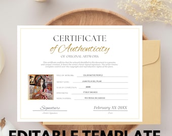 Certificado de autenticidad para arte, plantilla editable de certificado de autenticidad de artista, COA imprimible, plantilla de Canva