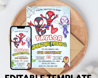 Invitación de cumpleaños de Spidey y sus increíbles amigos / Invitación imprimible para fiesta infantil de Spider-Man / Plantilla editable de Canva