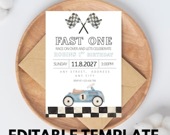 Editable Fast ONE Birthday Invitation, Race Car 1st Birthday Invite, Racing Car Vintage, Blue Racecar Editable & Printable Invitation