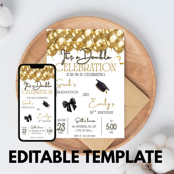Adult Double Celebration Invitation, Birthday and Graduation Party Anniversaries, Graduations Invite, Gold Glitter Joint Party Invite