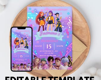 Convite de aniversário de K-pop Demon Hunter | Modelo editável do Canva | Convite de anime K-pop | Download digital | Cartão de aniversário infantil para impressão