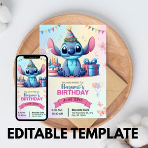 Stitch and Angel Birthday Invitation, Editable Stitch Birthday Invitation, Digital Party Invite, Kids Birthday, Editable Canva Template
