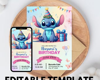 Invito di compleanno Stitch e Angel, invito di compleanno Stitch modificabile, invito digitale per feste, compleanno per bambini, modello Canva modificabile