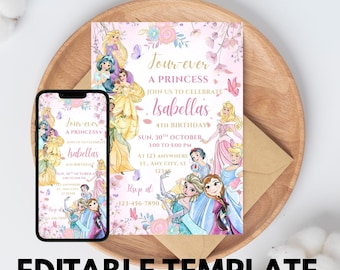 Princess Birthday Four-ever Invitation Princess Invitation Princess Party Invitation Girl Princess Invite Gold Pink EDITABLE Instant Digital