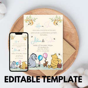 May include: A gender reveal party invitation featuring Winnie the Pooh characters. The invitation includes the text "He or She" and "What will our little hunny bee?" The invitation is on a wooden tray with a brown envelope.