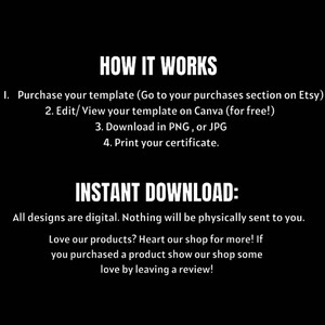 May include: Black background with white text detailing the steps for using a digital template. The text includes instructions on purchasing, editing on Canva, downloading in PNG or JPG, and printing. It also states that all designs are digital and provides a call to action for reviews.