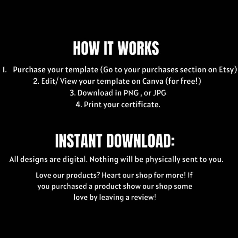 May include: Black background with white text detailing the steps for using a digital template. The text includes instructions on purchasing, editing on Canva, downloading in PNG or JPG, and printing. It also states that all designs are digital and provides a call to action for reviews.