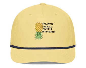 Plays Well With Others Pineapple Golf Rope Hat – Funny Swinger Dad Hat, Yellow, Teal, White and Lt Gray Retro Style
