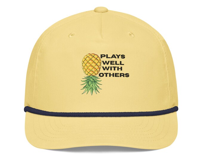 Plays Well With Others Pineapple Golf Rope Hat – Funny Swinger Dad Hat, Yellow, Teal, White and Lt Gray Retro Style