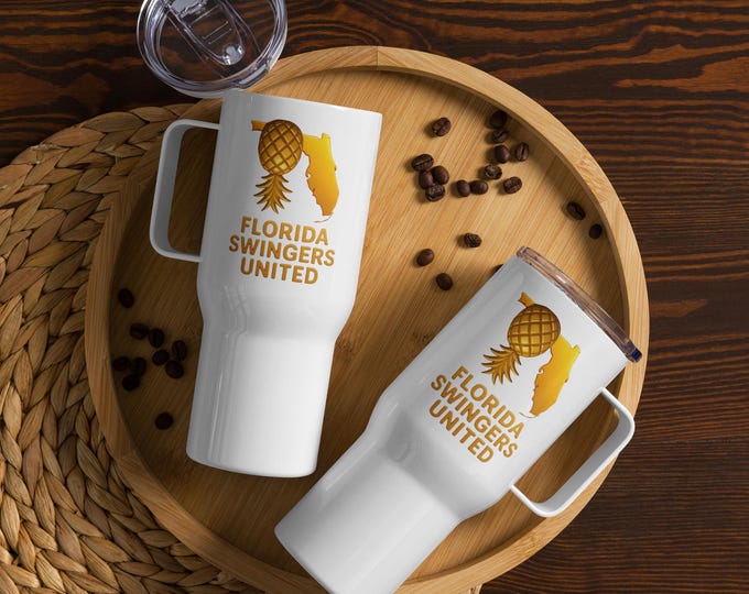 Florida Swingers United Travel Mug w Handle – Group Logo – Lifestyle Event – Swingers Coffee Tumbler – Insulated Drinkware for LS Parties