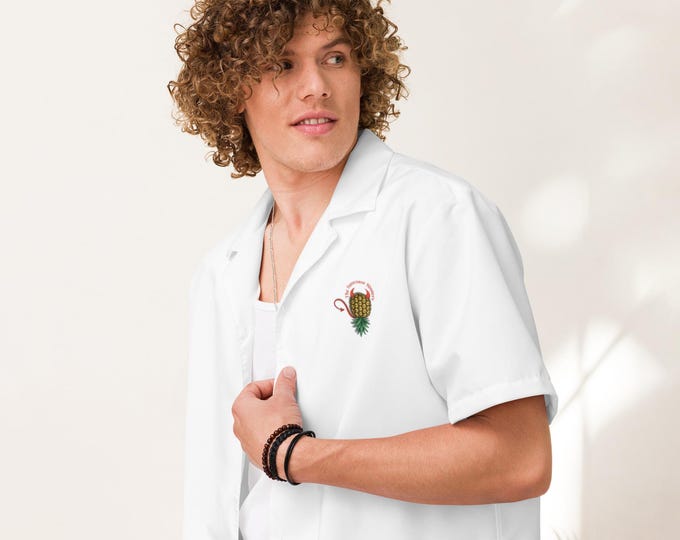 The Suncoast Sinners Button-Up Shirt | Devil Pineapple Embroidered Design | Upside-Down Pineapple Shirt | Spicy Swinger Apparel