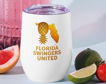 Florida Swingers United Wine Tumbler w Logo – Insulated Lifestyle Wine Cup – Swingers Drinkware – LS Party Tumbler – Adult Event Wine Glass