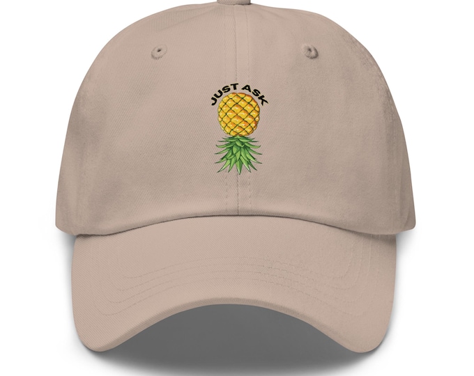 Just Ask Hat with Upside Down Pineapple – Adjustable Strap Lifestyle Cap, Flirty Swinger Pineapple Hat, Adult Humor Resort Hat