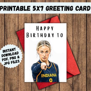 May include: A 5x7 printable greeting card featuring a graphic illustration of a basketball player in a navy blue Indiana jersey pointing forward. The text reads Happy Birthday To. A red envelope is positioned behind the card on a wood surface.