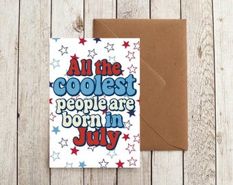Verjaardagskaart juli – rood, wit en blauw retro afdrukbaar (wenskaart 5 x 7)
