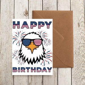 Afdrukbare patriottische verjaardagskaart • USA Eagle-kaart • Digitale download • Stars and Stripes • Patriottisch cadeau • 4 juli-verjaardagskaart