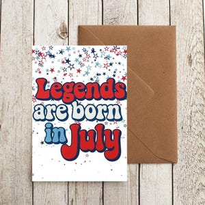 Legends Are Born in Jul – Geburtstagskarte zum selber ausdrucken | Digitaler Download | Rot, Weiß & Blau Retro Grußkarte | 13x18 Karte