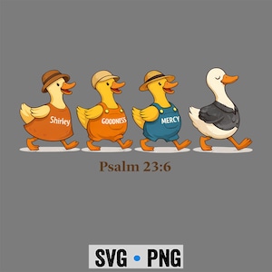 Könnte beinhalten: Illustration von vier Zeichentrickenten, die in einer Reihe gehen. Die erste Ente trägt ein orangefarbenes Kleid und einen Hut mit dem Namen "Shirley" auf dem Kleid. Die zweite Ente trägt eine orangefarbene Latzhose mit "GOODNESS". Die dritte Ente trägt eine blaue Latzhose mit "MERCY". Die letzte Ente ist weiß und schwarz. Der Text "Psalm 23:6" steht unter den Enten.
