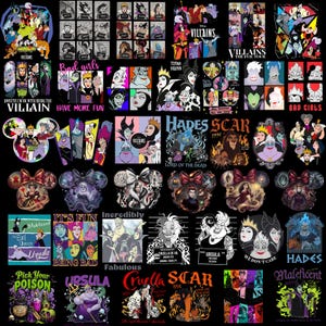 May include: A collection of Disney Villains graphic designs featuring characters like Maleficent, Ursula, Cruella de Vil, Scar, and Hades. The images include various artistic styles, text quotes, mugshot-style layouts, and mouse-ear silhouettes.