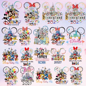 May include: A collection of twenty colorful graphic designs featuring Disney characters like Mickey Mouse, Minnie Mouse, Donald Duck, and Goofy, alongside castle illustrations, fireworks, and text such as Disney, Disneyland, Epcot, 2026, 2027, and 2028.