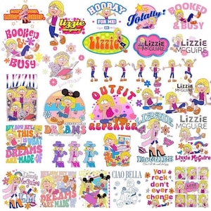 May include: A collection of colorful stickers featuring the animated character Lizzie McGuire in various poses and outfits, accompanied by text phrases like "Hooray for me," "Booked & Busy," "Outfit Repeater," and "This is what dreams are made of."