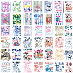 May include: A collection of forty-two individual graphic designs featuring themes of reading, summer, and beach activities. Each square contains unique illustrations of people, animals, books, and text, rendered in various color palettes and styles.
