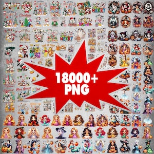 May include: A digital collection of 18000+ PNG files featuring colourful illustrations of cartoon characters, holiday-themed scenes, and fantasy figures, all centred around a large red starburst graphic with the text 18000+ PNG.