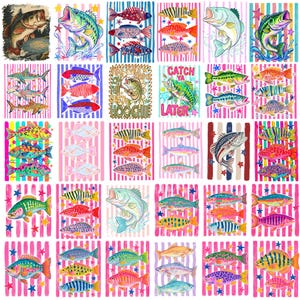 Könnte beinhalten: Eine digitale Collage aus Fischillustrationen mit verschiedenen Arten, bunten Mustern und Sternen. Einige Designs enthalten Text wie 'CATCH YA LATER' und 'WAY DOWN ON THE CHATTAHOOCHIE' vor gestreiften Hintergründen in leuchtenden Farben.