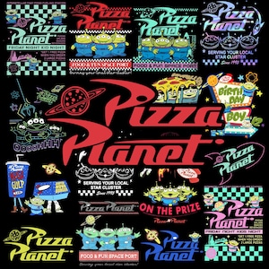 May include: A collection of Pizza Planet graphic designs on a black background featuring green three-eyed aliens, planets, and text including Pizza Planet, Mega Gulp, Super Nova Burger, Food & Fun Space Port, and Serving Your Local Star Cluster.