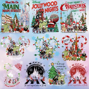 Puede incluir: Una colección de once diseños gráficos con personajes de Pesadilla antes de Navidad en diversos entornos festivos. Las ilustraciones incluyen textos como Meet Me On Main Street, Disney Jollywood Nights y Very Merry Christmas Party 2026, junto con representaciones de castillos, árboles de Navidad y luces festivas.