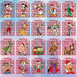 Könnte beinhalten: Ein Digitaldruck mit zwanzig einzelnen Quadraten, die jeweils eine Disney-Figur in festlicher Kleidung mit dem wiederholten roten Text merry CHRISTMAS zeigen. Zu den Figuren gehören Mickey, Minnie, Donald, Daisy, Goofy, Pluto, Woody, Buzz und andere.