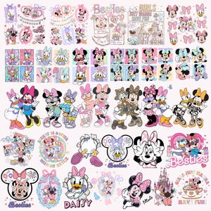 Może przedstawiać: Kolekcja naklejek przedstawiających Myszkę Minnie i Daisy Duck w różnych strojach i pozach, zawierająca napisy takie jak Besties, Girls Just Wanna Have Fun i Disney Is Better With My Bestie, z różowymi, fioletowymi i niebieskimi akcentami.
