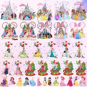 Könnte beinhalten: Eine digitale Sammlung von Disney-Prinzessinnen-Illustrationen mit verschiedenen Charakteren in farbenfrohen Kleidern, Schloss-Szenen, weihnachtlichen Designs mit Micky-Maus-Ohren und festlichen Motiven wie Luftballons, Tannenbäumen und Geschenken.