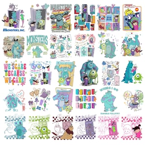 May include: A collection of thirty individual graphic illustrations featuring characters from Monsters, Inc. including Sulley, Mike Wazowski, Boo, Roz, Randall Boggs, and Celia Mae, displayed in various scenes with doors, text, and colorful decorative elements.