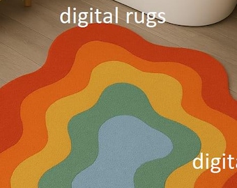 Orange Tufted Bath Rug, Retro Rainbow Carpet, Abstract Wavy Bathroom Floor Mat