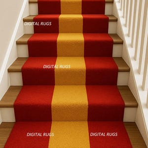 May include: A staircase with red carpet runners and a central yellow stripe. The text "DIGITAL RUGS" is printed on the carpet. The stairs have wooden steps and white painted risers and a white banister.