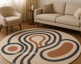 Alfombra redonda moderna de mediados de siglo, con espirales de terracota abstractas