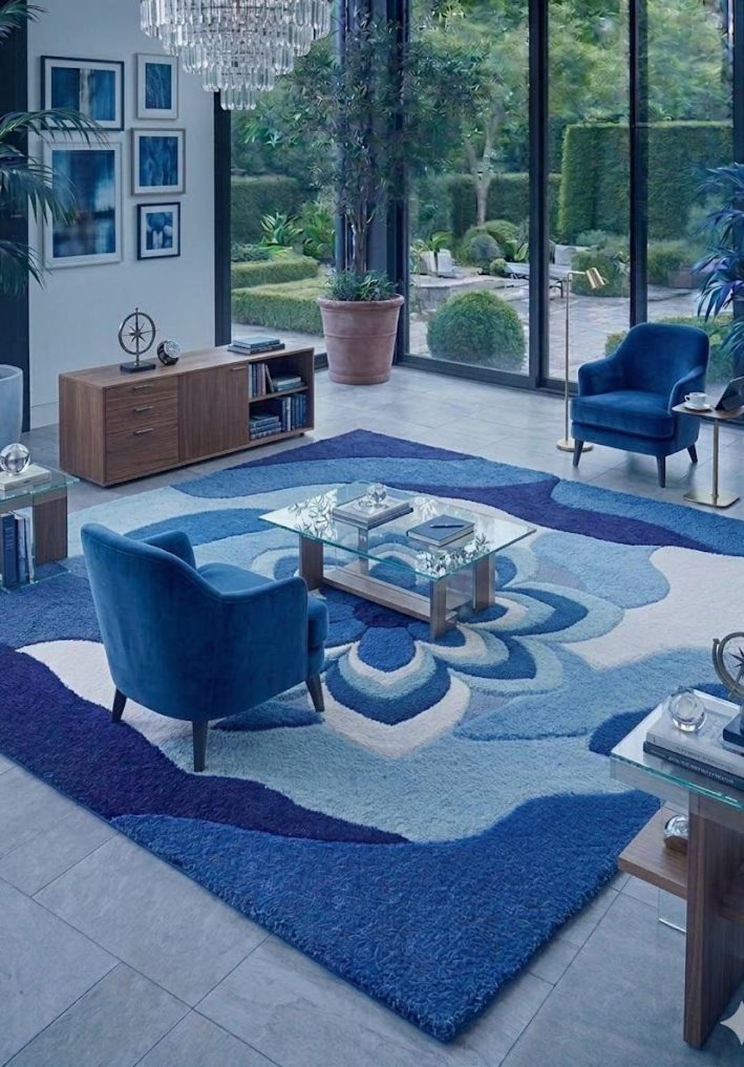 Blue Abstract Hand Tufted Rug, Modern Wool Area Rug, Luxury Bedroom ...